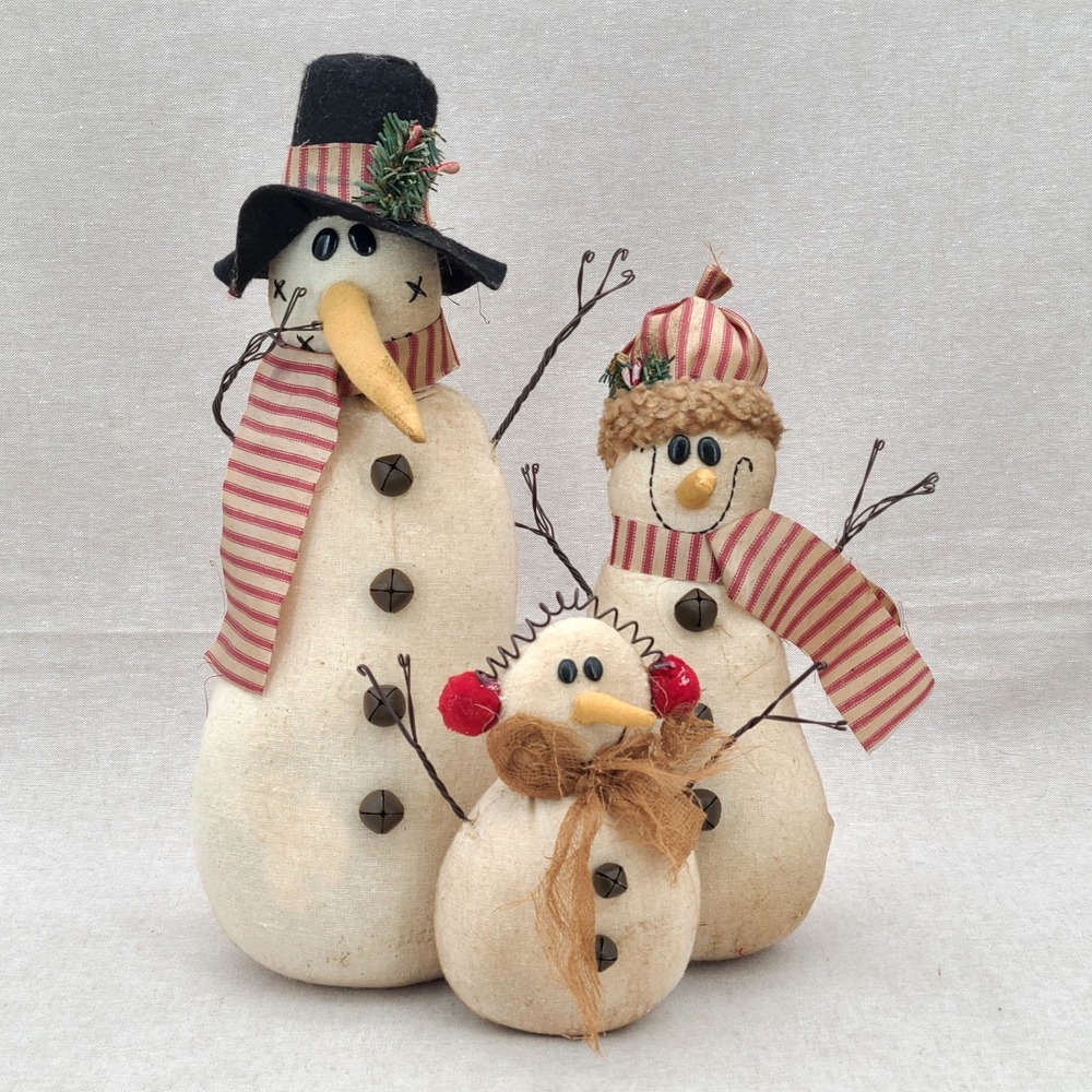 Snowman Family Trio Christmas Winter Decor Fabric Folk Art Wire Arms Bells 13"